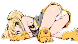 Rule 34 | 10s, 1girl, :d, animal hands, ass, bad id, bad pixiv id, bent over, bikini, bikini top only, blonde hair, gloves, hair bobbles, hair ornament, hair tie, idolmaster, idolmaster cinderella girls, jougasaki rika, open mouth, panties, paw gloves, paw shoes, polka dot, polka dot bikini, polka dot panties, polka dot swimsuit, shoes, simple background, smile, solo, swimsuit, twintails, underwear, white background, yellow eyes, zasha
