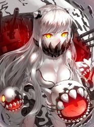 Rule 34 | 10s, 1girl, abyssal ship, breasts, cannon, cleavage, covered mouth, dress, glowing, glowing eyes, horns, kantai collection, kfr, large breasts, leaning forward, long hair, looking at viewer, md5 mismatch, midway princess, pale skin, solo, turret, veins, very long hair, white dress, white hair, yellow eyes