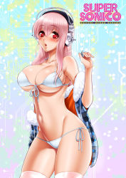 Rule 34 | 1girl, bikini, blush, breasts, cleavage, clothes down, female focus, gradient background, headphones, large breasts, long hair, looking at viewer, navel, nitroplus, off shoulder, okazaki beru, open mouth, pink hair, plectrum, pom pom (clothes), red eyes, solo, super sonico, swimsuit, thighhighs, white bikini