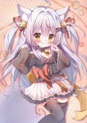 Rule 34 | 1girl, ahoge, animal ear fluff, animal ears, bell, belt collar, black collar, black skirt, black thighhighs, blush, bow, closed mouth, collar, feet out of frame, fox ears, fox girl, fox tail, frilled skirt, frills, grey hair, hair bell, hair between eyes, hair bow, hair intakes, hair ornament, hair over shoulder, hair ribbon, hair strand, hanasakichu, highres, indie virtual youtuber, kamiko kana, lolita fashion, long hair, long sleeves, looking at viewer, miniskirt, neck bell, pleated skirt, red bow, red ribbon, ribbon, shirt, sidelocks, skirt, solo, tail, thighhighs, thighs, tongue, tongue out, two side up, very long hair, virtual youtuber, wa lolita, white shirt, wide sleeves, x hair ornament, yellow eyes, zettai ryouiki