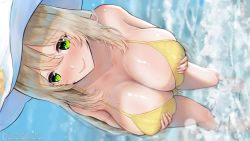 Rule 34 | 1girl, blonde hair, blue archive, blush, breast lift, breasts, closed mouth, commentary request, day, from above, green eyes, hands up, hat, huge breasts, kitsune-neko, long hair, looking at viewer, nonomi (blue archive), nose blush, outdoors, patreon username, pixiv username, shiny skin, sleeveless, smile, solo, standing, very long hair, water, watermark, web address, white hat