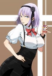 Rule 34 | 1girl, black flower, black hairband, black rose, black skirt, blue eyes, bow, bowtie, breasts, brown background, buttons, commentary request, cowboy shot, cross, dagashi kashi, flower, frilled sleeves, frills, hairband, hand on own hip, high-waist skirt, large breasts, looking at viewer, minami koyogi, pink hair, puffy short sleeves, puffy sleeves, red bow, red bowtie, ringed eyes, rose, shidare hotaru, short hair, short sleeves, skirt, solo, suspender skirt, suspenders, two-tone background, white background, wrist cuffs