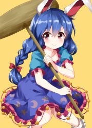 Rule 34 | 1girl, animal ears, blue dress, blue hair, blush, bobby socks, bow, breasts, collarbone, commentary request, crescent print, dress, feet out of frame, frills, hair between eyes, hair bow, highres, holding, holding mallet, kine, long braid, long hair, looking at viewer, mallet, one-hour drawing challenge, petticoat, pink eyes, puffy short sleeves, puffy sleeves, rabbit ears, red bow, ruu (tksymkw), seiran (touhou), short sleeves, simple background, small breasts, smile, socks, solo, star (symbol), star print, touhou, white socks, yellow background