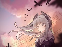 Rule 34 | 1girl, arknights, bird, black jacket, brown eyes, capelet, chinese commentary, closed mouth, commentary request, day, earrings, floating hair, grey hair, head wings, highres, irene (arknights), jacket, jewelry, long hair, looking at viewer, orange sky, outdoors, power lines, saucer (saucer752), scar, scar across eye, scar on face, shoulder strap, sky, solo, sword, sword hilt, upper body, weapon, white capelet, wind, wings