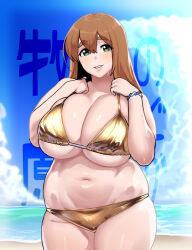 1girl beach bikini bracelet breasts breasts_squeezed_together brown_hair character_request cleavage gen&#039;en_(sioherashi) gold_bikini green_eyes huge_breasts jewelry navel plump sio_kakeruhito smile solo standing sweat swimsuit