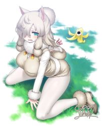 Rule 34 | 10s, 1girl, alpaca ears, alpaca suri (kemono friends), alpaca tail, animal ears, aqua eyes, arched back, arm support, arms behind back, banana peel, blonde hair, blush, breast pocket, breasts, buttons, cellien (kemono friends), commentary request, dated, extra ears, fallen down, from above, full body, fur-trimmed footwear, fur-trimmed sleeves, fur scarf, fur trim, grass, hair over one eye, hand on own ass, highres, horizontal pupils, kemono friends, kneeling, long sleeves, looking at another, looking down, medium hair, one-eyed, open mouth, outstretched arm, pantyhose, pantyhose under shorts, platinum blonde hair, pocket, scarf, shirt, shoes, shorts, signature, sweater vest, tail, white pantyhose, white shirt, yoshida hideyuki