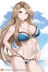 Rule 34 | 1girl, aslindsamure, bare shoulders, blue bra, blue panties, blue sky, blush, bra, breasts, brown eyes, brown hair, cleavage, closed mouth, collarbone, commentary, granblue fantasy, hands on own hips, highres, katalina (granblue fantasy), lace, lace-trimmed bra, lace trim, large breasts, long hair, looking at viewer, multi-strapped panties, navel, panties, parted bangs, sidelocks, sky, smile, solo, thighs, underwear