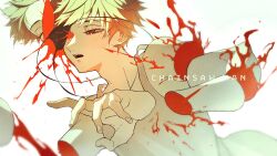 Rule 34 | 1boy, blonde hair, blood, blood spray, chainsaw man, copyright name, denji (chainsaw man), dismemberment, eyepatch, half-closed eyes, highres, looking to the side, mei 32k1, one eye closed, open mouth, red eyes, sharp teeth, short hair, simple background, solo, tank top, teeth, white background, white tank top