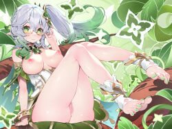 Rule 34 | 1girl, aged up, alternate breast size, bespectacled, bracelet, breasts, censored, closed mouth, genshin impact, glasses, gradient hair, green eyes, green hair, green nails, grey hair, highres, jewelry, large breasts, legs, looking at viewer, mosaic censoring, multicolored hair, nahida (genshin impact), nail polish, nipples, no panties, pointy ears, pussy, side ponytail, sitting, smile, solo, thighs, toenail polish, toenails, toes, waterring
