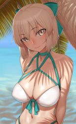 Rule 34 | 1girl, aqua bow, arms behind back, bare arms, bare shoulders, bikini, blood, blush, bow, breasts, brown eyes, cleavage, closed mouth, collarbone, earrings, fate/grand order, fate (series), front-tie bikini top, front-tie top, gishu, hair bow, head tilt, highres, jewelry, large breasts, looking at viewer, looking back, navel, okita j. souji (third ascension) (fate), okita souji (fate), okita souji (koha-ace), palm tree, short sleeves, smile, solo, stomach, swimsuit, tree, under tree, upper body, white bikini