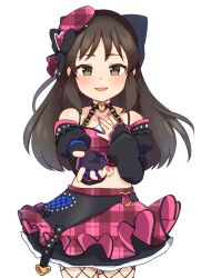 Rule 34 | 1girl, black sleeves, blush, bow, brown eyes, brown hair, checkered clothes, checkered shirt, checkered skirt, commentary, cowboy shot, crop top, detached sleeves, fingerless gloves, fishnet pantyhose, fishnets, gloves, hair bow, hand on own chest, hat, idolmaster, idolmaster cinderella girls, idolmaster cinderella girls starlight stage, long hair, looking at viewer, midriff, montamo739, official alternate costume, pantyhose, parted lips, pink hat, pink nails, pink shirt, pink skirt, shirt, sidelocks, single glove, skirt, smile, solo, tachibana arisu, white background