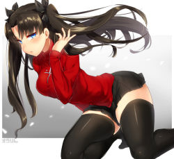 Rule 34 | 1girl, black thighhighs, blue eyes, blush, breasts, brown hair, fate/stay night, fate (series), hair ribbon, tucking hair, long hair, long sleeves, looking at viewer, on one knee, ribbon, shiny clothes, skirt, solo, squatting, suurin (ksyaro), thighhighs, thighs, tohsaka rin, twintails, two side up, zettai ryouiki