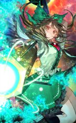 Rule 34 | 1girl, aiming, aiming at viewer, arm behind head, arm cannon, attack, bird wings, black hole, black wings, bow, brown hair, buttons, capelet, center frills, clothes lift, extra eyes, eyelashes, feathered wings, frilled skirt, frills, game cg, glowing, green bow, green skirt, hair bow, hair lift, lightning, long hair, looking at viewer, miniskirt, nozaki tsubata, official art, open mouth, ponytail, puffy short sleeves, puffy sleeves, red eyes, reiuji utsuho, shirt, short sleeves, skirt, skirt lift, smile, solo, teeth, third eye on chest, touhou, touhou cannonball, weapon, white capelet, white shirt, wings
