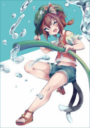 Rule 34 | 1girl, alternate costume, alternate hairstyle, animal ears, bare legs, bell, brown hair, cat ears, cat tail, chen, contemporary, earrings, fang, hat, hose, jewelry, jingle bell, multiple tails, navel, one eye closed, ponytail, sandals, shorts, single earring, sketch, solo, tail, touhou, water, wink, yana (nekoarashi), yellow eyes