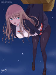 Rule 34 | 1girl, black jacket, black pantyhose, black skirt, brown footwear, brown hair, collared shirt, copyright name, covering crotch, covering privates, dynazenon (character), embarrassed, full body, green eyes, grey skirt, gridman universe, holding, holding clothes, holding skirt, jacket, lifting another&#039;s clothes, loafers, long hair, long sleeves, looking back, minami yume, miniskirt, night, night sky, niwatori kokezou, open mouth, panties, panties under pantyhose, panty peek, pantyhose, pleated skirt, shirt, shoes, signature, skirt, sky, ssss.dynazenon, star (sky), starry sky, straight hair, thighs, underwear, white shirt, wing collar