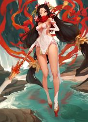 Rule 34 | 1girl, absurdres, bare shoulders, black hair, breasts, china dress, chinese clothes, cleavage, dress, earrings, facial mark, fate (series), forehead mark, hair ribbon, highres, jewelry, kokage no shita, nature, nezha, nezha (fate), original, polearm, ribbon, river, side slit, soles, spear, star-shaped pupils, star (symbol), symbol-shaped pupils, water, waterfall, weapon