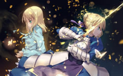 Rule 34 | 2girls, absurdres, armor, armored dress, artoria pendragon (all), artoria pendragon (fate), blonde hair, blue dress, blue ribbon, blue shirt, bug, butterfly, dress, excalibur (fate/stay night), fate/stay night, fate (series), green eyes, hair between eyes, hair ribbon, highres, holding, holding sword, holding weapon, insect, multiple girls, neck ribbon, official alternate costume, ribbon, saber (fate), shirt, short hair, sword, virtu.al, weapon