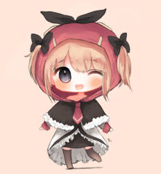 Rule 34 | 1girl, ;d, azur lane, bad id, bad pixiv id, black bow, black capelet, black eyes, black ribbon, black skirt, black thighhighs, blush, bow, brown background, capelet, chibi, cottontailtokki, dress, full body, hair between eyes, hair bow, hood, hood up, hooded capelet, light brown hair, long hair, no shoes, norfolk (azur lane), one eye closed, open mouth, ribbon, simple background, skirt, smile, solo, standing, standing on one leg, thighhighs, two side up, white dress