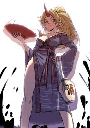 Rule 34 | 1girl, absurdres, alternate hairstyle, bare shoulders, blonde hair, blue kimono, breasts, cup, feet out of frame, hand on own hip, hand up, highres, holding, holding cup, horns, hoshiguma yuugi, hoshiguma yuugi (kimono), japanese clothes, jar, kimono, long hair, long sleeves, looking at viewer, medium breasts, off shoulder, pointy ears, ponytail, purple sash, red eyes, sakazuki, sash, side slit, simple background, single horn, solo, standing, star (symbol), sunken fossil world, thighs, touhou, translation request, tuck (tuck23978434), white background, wide sleeves