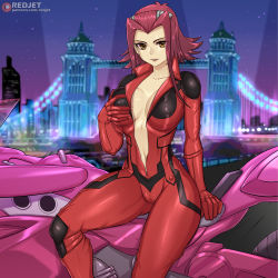 Rule 34 | 1girl, biker clothes, bikesuit, blurry, blurry background, bodysuit, breasts, brown eyes, grabbing, grabbing another&#039;s breast, grabbing own breast, izayoi aki, large breasts, looking at viewer, motor vehicle, motorcycle, navel, no bra, open bodysuit, open clothes, red bodysuit, red hair, redjet, short hair with long locks, sitting, solo, unzipped, yu-gi-oh!, yu-gi-oh! 5d&#039;s, zipper pull tab