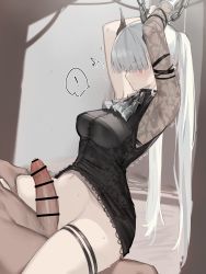 Rule 34 | !, 1boy, 1girl, arknights, armpits, arms up, ascot, asymmetrical clothes, bar censor, black dress, blunt bangs, blush, bound, breasts, censored, chain, chained, chained sarkaz girl, clothed female nude male, clothes lift, completely nude, dress, dress lift, erection, eyes visible through hair, girl on top, hair over eyes, hetero, highres, imminent penetration, imminent vaginal, large breasts, long hair, long sleeves, looking at penis, motion lines, navel, nude, penis, red eyes, single sleeve, solo focus, speech bubble, spoken exclamation mark, thigh strap, twintails, very long hair, white ascot, white hair, yki