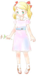 Rule 34 | 00s, 1girl, belt, blonde hair, blush, breasts, dress, female focus, flower, full body, green eyes, hair ornament, hair ribbon, hanamoto hagumi, holding, honey and clover, long hair, looking at viewer, pigeon-toed, pink dress, pink footwear, red ribbon, ribbon, shoes, short sleeves, simple background, small breasts, smile, socks, solo, standing, twintails, white background, white socks