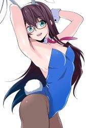Rule 34 | 1girl, absurdres, alternate costume, animal ears, arched back, armpits, arms behind head, arms up, black hair, blue eyes, blue leotard, cowboy shot, detached collar, fake animal ears, glasses, highres, kantai collection, kurihara kenshirou, leotard, long hair, looking at viewer, necktie, ooyodo (kancolle), open mouth, pantyhose, playboy bunny, rabbit ears, rabbit tail, red necktie, semi-rimless eyewear, simple background, solo, standing, strapless, strapless leotard, tail, white background, wrist cuffs