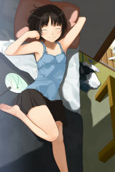 Rule 34 | 1girl, amagami, armpits, bare legs, barefoot, bed, brown hair, cat, closed eyes, clothes on floor, feet, flat chest, hand fan, highres, legs, long legs, lying, on back, open mouth, paper fan, pillow, short hair, skirt, smile, solo, table, tachibana miya, takayama kisai, tatami, uchiwa