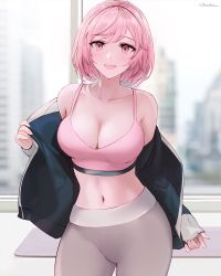 Rule 34 | 1girl, :d, blush, breasts, chowbie, cleavage, highres, jacket, large breasts, looking at viewer, midriff, navel, open mouth, original, pants, pink eyes, pink hair, short hair, smile, solo, standing, tank top, track pants