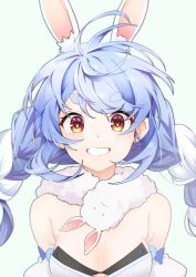 Rule 34 | 1girl, animal ear fluff, animal ears, armpit crease, blue hair, braid, breasts, coat dress, commentary, don-chan (usada pekora), english commentary, grin, highres, hololive, long hair, looking at viewer, medium breasts, multicolored hair, orange eyes, portrait, rabbit-shaped pupils, rabbit ears, rabbit girl, short eyebrows, simple background, smile, solo, straight-on, symbol-shaped pupils, thick eyebrows, twin braids, twintails, two-tone hair, usada pekora, usada pekora (1st costume), virtual youtuber, white background, white hair, yayilu