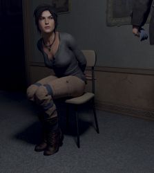 Rule 34 | 1girl, 3d, arms behind back, bdsm, bondage, bound, bound ankles, bound legs, breasts, brown eyes, brown hair, chair, highres, jewelry, lara croft, necklace, rope, sitting, skvrwiel, tomb raider
