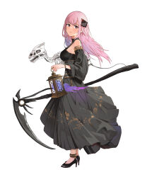Rule 34 | 1girl, absurdres, alternate costume, anklet, black dress, black footwear, black ribbon, black sleeves, bracelet, breasts, closed mouth, commentary, detached sleeves, dress, expressionless, floating hair, floral print, from side, hair ribbon, high heels, highres, holding, holding lantern, hololive, hololive english, jewelry, lantern, large breasts, light blush, looking at viewer, mori calliope, oruka oru, pink eyes, pink hair, pumps, ribbon, ring, scythe, simple background, skeleton, skull print, sleeves past elbows, solo, standing, virtual youtuber, white background