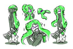 Rule 34 | 1girl, american football helmet, artist name, boots, character sheet, commentary, covering face, double (zoza), fangs, female focus, flying sweatdrops, full body, fusion, green eyes, green hair, helmet, holding, holding weapon, ink tank (splatoon), inkling, inkling girl, inkling player character, jacket, long hair, long sleeves, looking at viewer, matching hair/eyes, mini splatling (splatoon), multiple views, nintendo, octopus, open mouth, shy, signature, smile, splatoon (series), splatoon 1, squid, standing, takozonesu, tentacle hair, upper body, weapon, white background, zoza