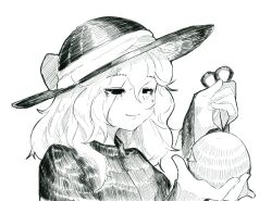 Rule 34 | 1girl, alternate costume, blush, bow, chefhart, closed mouth, empty eyes, eyelashes, eyes visible through hair, fingernails, greyscale, hair between eyes, hand up, hands up, hat, hat bow, hatching (texture), highres, holding, holding eyeball, holding scissors, komeiji koishi, light smile, lips, long hair, long sleeves, looking at another, monochrome, reverse grip, scissors, shadow, simple background, smirk, smug, third eye, touhou, upper body, white background, wide sleeves