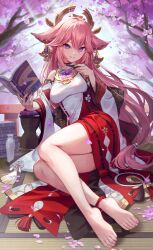 Rule 34 | 1girl, animal ears, bare legs, bare shoulders, barefoot, book, book stack, breasts, cherry blossoms, crop top, cup, detached sleeves, earrings, falling petals, feet, floppy ears, flower, fox ears, genshin impact, hair between eyes, hair ornament, hand rest, highres, holding, holding book, holding cup, japanese clothes, jewelry, kuze kaname, long hair, long sleeves, low-tied long hair, medium breasts, nontraditional miko, open book, parted lips, petals, pink flower, pink hair, red skirt, ribbon trim, sakazuki, shirt, sidelocks, sitting, skirt, sleeveless, sleeveless shirt, sleeveless turtleneck, smile, solo, tassel, tatami, thighs, toes, tokkuri, tree, turtleneck, very long hair, white shirt, wide sleeves, yae miko