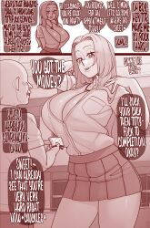 Rule 34 | 1boy, 1girl, absurdres, bleach, breasts, cleavage, comic, ekz (robotekz), english text, highres, huge breasts, looking at another, matsumoto rangiku, mole, mole under mouth, monochrome, prostitution, school uniform, smile