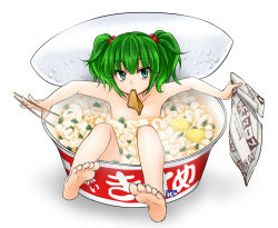 Rule 34 | 1girl, aburaage, barefoot, chopsticks, cup ramen, feet, food, from above, green eyes, green hair, hair bobbles, hair ornament, in container, in food, instant udon, kisume, maruchan akai kitsune udon, matching hair/eyes, mini person, minigirl, monrooru, mouth hold, noodles, nude, partially submerged, pun, short hair, soles, solo, toes, touhou, twintails, udon
