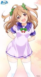 Rule 34 | 1girl, ahoge, bow, bowtie, brown eyes, brown hair, dress, green bow, green bowtie, hair bow, hair ornament, hairclip, highres, inoue sora, long hair, looking at viewer, midori-chan (myslot), myslot, open mouth, sailor collar, short sleeves, smile, solo, standing, thighhighs, white dress, white thighhighs