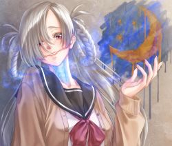 Rule 34 | 1girl, absurdres, braid, crescent, eyes visible through hair, grin, highres, long hair, looking at viewer, school uniform, smile, solo, star (symbol), stitched face, stitches, sweater, urasekai picnic, urumi luna