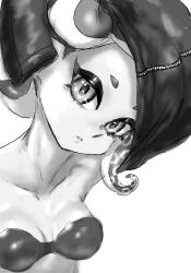 Rule 34 | 1girl, agent 8 (splatoon), arm up, bra, breasts, cleavage, collarbone, eyelashes, greyscale, highres, koharu2.5, medium breasts, medium hair, monochrome, nintendo, octoling, octoling girl, octoling player character, parted lips, short eyebrows, simple background, solo, splatoon (series), splatoon 2, splatoon 2: octo expansion, strapless, strapless bra, tentacle hair, underwear, undressing, upper body, white background, zipper