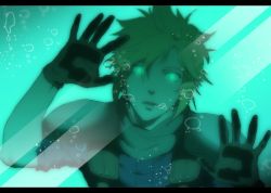 Rule 34 | 1boy, against glass, air bubble, aqua eyes, armor, blonde hair, blue shirt, bubble, cloud strife, final fantasy, final fantasy vii, gloves, glowing, glowing eyes, hair between eyes, kyoujixxxx, letterboxed, looking at viewer, male focus, nibelheim, open mouth, scarf, shinra infantry uniform, shirt, short hair, shoulder armor, sleeves rolled up, solo, spiked hair, square enix, suspenders, test tube, underwater, upper body