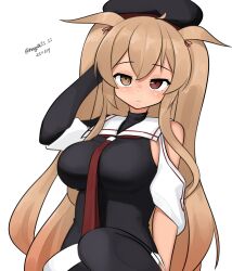 1girl absurdres asymmetrical_clothes black_serafuku black_shirt breasts brown_eyes dated hair_flaps heterochromia highres kantai_collection large_breasts long_hair looking_at_viewer maru_(marg0613) murasame_(kancolle) murasame_kai_ni_(kancolle) neckerchief one-hour_drawing_challenge red_eyes red_neckerchief sailor_collar school_uniform serafuku shirt simple_background solo twitter_username two_side_up white_background white_sailor_collar