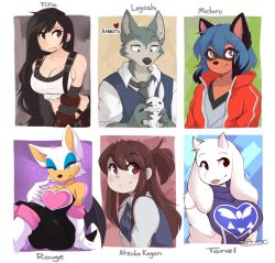 Rule 34 | 1boy, 5girls, animal, animal ears, animal hands, animal nose, aqua eyes, arm support, arm warmers, artist name, bare shoulders, bat ears, bat girl, bat wings, beastars, belt, black bodysuit, black eyes, black hair, black necktie, black wings, blue eyes, blue eyeshadow, blue hair, blue vest, blush, body fur, bodysuit, boots, border, brand new animal, breasts, brown eyes, brown hair, character name, claws, cleavage, clothing cutout, collarbone, collared shirt, crop top, dress, earrings, elbow gloves, english text, eyeshadow, final fantasy, final fantasy vii, flat chest, from side, furry, furry female, furry male, gloves, goat ears, goat girl, goat horns, green fur, grey fur, half-closed eyes, hand up, hands up, highres, holding, holding animal, horns, jacket, jewelry, kagari atsuko, kagemori michiru, knee boots, knees up, leaning back, legoshi, legs together, light blush, little witch academia, long hair, long sleeves, looking down, looking to the side, makeup, medium breasts, midriff, multicolored eyes, multicolored hair, multiple drawing challenge, multiple girls, necktie, open mouth, outside border, pink eyes, purple dress, rabbit, raccoon ears, raccoon girl, raglan sleeves, red eyes, red jacket, rouge the bat, shirt, short hair, shoulder cutout, sidelocks, sideways mouth, sitting, six fanarts challenge, sketch, sleeveless, sleeveless shirt, snout, sonic (series), split mouth, suspenders, swept bangs, teranen, tifa lockhart, tongue, tongue out, toriel, two-tone fur, two-tone hair, undertale, upper body, vest, watermark, white border, white footwear, white fur, white gloves, white hair, white horns, white shirt, wings, wolf boy, wolf ears