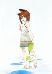 Rule 34 | 1girl, animal, animal ears, barefoot, blush stickers, brown eyes, brown hair, dress, face, flat chest, hrd, looking back, original, short hair, solo