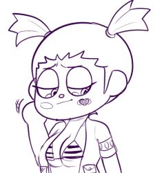 Rule 34 | 1girl, :/, animal crossing, bikini, blush stickers, breasts, closed mouth, collarbone, facial tattoo, female focus, hair tie, half-closed eyes, hand on own cheek, hand on own face, hand up, heart, heart tattoo, hexanne, jacket, large breasts, looking away, looking to the side, monochrome, motion lines, nintendo, open clothes, open jacket, pocket, short hair, short sleeves, sidelocks, simple background, sketch, solo, standing, striped bikini, striped clothes, swimsuit, swimsuit under clothes, tattoo, tears, twintails, underboob, upper body, villager (animal crossing), white background