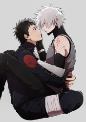 Rule 34 | 2boys, black gloves, black hair, black pants, eye contact, gloves, grey hair, hand on another&#039;s face, hatake kakashi, highres, looking at another, mole, mole under mouth, multiple boys, naruto (series), naruto shippuuden, pants, scar, scar across eye, scar on face, sharingan, shirt, short hair, sitting, sitting on lap, sitting on person, smile, tattoo, uchiha obito, yaoi