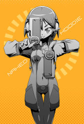 Rule 34 | 1girl, :p, cameltoe, gun, headphones, hood, hoodie, jacket, monochrome, naked hoodie, navel, open clothes, open jacket, original, solo, thigh gap, thighs, tongue, tongue out, weapon, yabe makoto