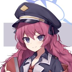 Rule 34 | 1girl, 9malefi9, armband, black hat, blue archive, book, closed mouth, commentary, halo, hat, holding, holding book, iroha (blue archive), long hair, looking at viewer, necktie, peaked cap, purple eyes, red hair, smile, solo, upper body