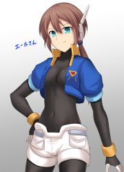 Rule 34 | 1girl, aged up, aile (mega man zx), black gloves, blue jacket, bodystocking, bracelet, breasts, brown hair, commentary request, covered collarbone, covered navel, cowboy shot, cropped jacket, cross (crossryou), fingerless gloves, gloves, green eyes, hair between eyes, hair tie, hand on own hip, highres, jacket, jewelry, layered sleeves, long hair, long sleeves, looking at viewer, low ponytail, medium breasts, mega man (series), mega man zx, mega man zx advent, open clothes, open jacket, pantyhose, pantyhose under shorts, ponytail, robot ears, short over long sleeves, short shorts, short sleeves, shorts, sidelocks, simple background, skin tight, smile, solo, spandex, standing, white background, white shorts