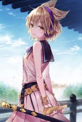 Rule 34 | 1girl, akizuki haruhi, arm behind back, bare arms, bare shoulders, belt, black belt, black sailor collar, blonde hair, blue sky, blush, breasts, cloud, commentary request, cowboy shot, day, dress, earmuffs, hair between eyes, holding, looking at viewer, outdoors, pink dress, pleated dress, pointy hair, railing, ritual baton, sailor collar, scabbard, sheath, short hair, sky, small breasts, smile, solo, standing, touhou, toyosatomimi no miko, yellow eyes